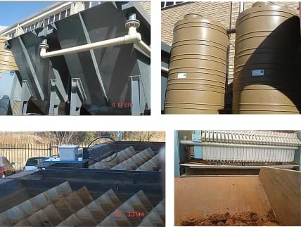 Metal precipitation Effluent plants. Clarifiers, flocculation tanks, Fitler press with cake waste.